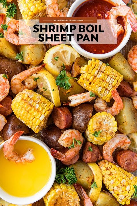 Shrimp Sausage Potatoes, Shrimp Boil In Oven, Easy Shrimp Boil, Sheet Pan Shrimp Boil, Pan Shrimp Boil, Oven Baked Shrimp, Boil Recipes, Potatoes And Corn, Beach Recipes