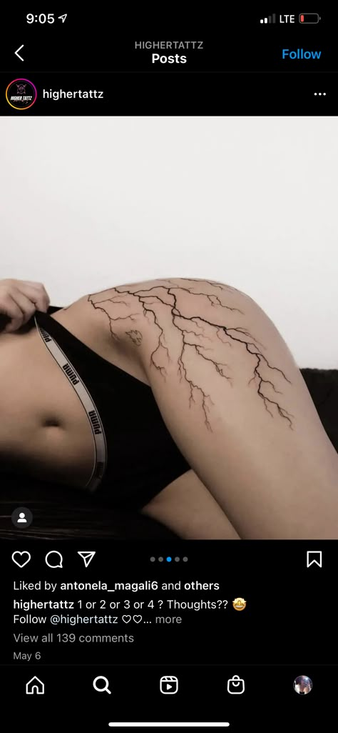 Lightning Hip Tattoos Women, Lightning Tattoo Women Thigh, Stretch Mark Tattoo Ideas, Lightning Hip Tattoo, Side To Thigh Tattoos Women, Wrap Around Hip Tattoo, Tattoo Themes For Women, Side Of Thigh Tattoo, Tattoo Ideas Lightning