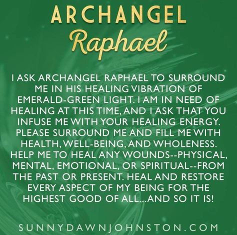 Calling in Archangel Raphael today..  Join me if guided. 💚  #sunnydawnjohnston #angels Archangel Raphael Prayer, The Archangels, Angel Spirit, Archangel Prayers, Heal Your Heart, Angel Blessings, Archangel Raphael, Angel Prayers, Spiritual Prayers