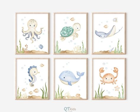 Ocean Animal Nursery, Sea Animal Nursery, Ocean Nursery Art, Nursery Ideas Boy, Under The Sea Nursery, Nautical Nursery Art, Creative Kids Rooms, Sea Artwork, Sea Nursery