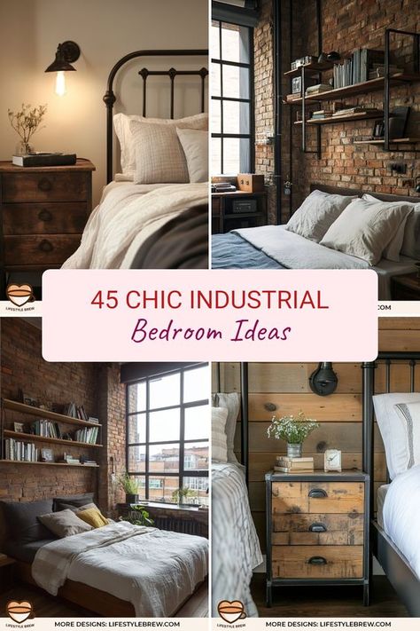 Transform your haven with these 45 chic industrial bedroom ideas. From striking exposed brick walls to metal accents and wooden elements, these designs create a modern aesthetic that's timeless. Discover how to incorporate art deco pieces, industrial lighting, and furniture that blend seamlessly into your space. With practical tips and visual inspiration, you'll learn how to achieve a trendy yet functional bedroom that stands out. Elevate your design game and create your perfect retreat today! Brick Bedroom Ideas, Bedroom Industrial Style, Industrial Bedroom Ideas, Industrial Modern Bedroom, Brick Bedroom, Style Bedroom Ideas, Industrial Decor Bedroom, Industrial Bedroom Design, Industrial Style Bedroom