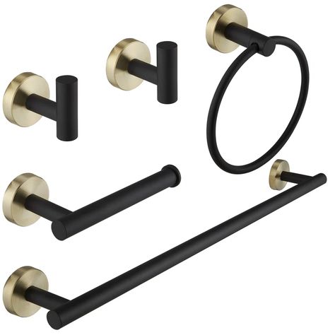 VIBRANTBATH 5 - Piece Bathroom Hardware Set | Wayfair Black Bathroom Accessories Set, Black Towel Bar, Design Black Gold, Black And Gold Bathroom, Bar Build, Black Bathroom Accessories, Towel Holder Bathroom, Black Towels, Bathroom Hardware Set