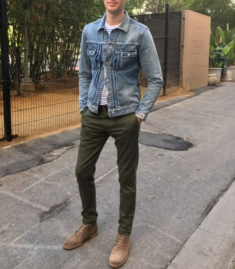 The Ultimate Guide To Boots – Pocket Stylist Green Jeans Outfit, Green Pants Outfit, Outfit Jean, Boots Outfit Men, Blue And White Striped Shirt, Outfit Combos, Denim Jacket Outfit, Green Jeans, Jacket Outfit