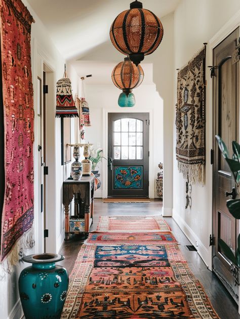 Boho Hallway Decor: Antique Lamps and Colorful Wall Hangings Boho Hallway Wall Decor, Boho Stairwell Decor, Entry Way Art Bohemian, Long Hallway Ideas Inspiration, Bohemian Hallway Ideas, Hallway Ideas Apartment, Entry Way Open Concept, Hallway With Arches, Hallway Boho Entrance