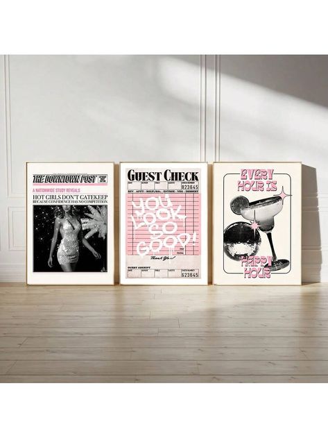 Set Of 3 Preppy Retro Aesthetic Y2K Poster Funky You Look So Good Guest Check Happy Hour Disco Ball Trendy Painting Canvas Print Bar Cart Wall Art Decoration Picture,Living Room Dining Room Home Decor Black Modern,Boho,Simple   Canvas Letter Unframed Painting   Home Decor, size features are:Bust: ,Length: ,Sleeve Length: Y2k Poster, Bar Cart Wall, Funny Wall Decor, Y2k Posters, Guest Check, Stylish Artwork, Aesthetic Print, Canvas Letters, Interior Wall Decor