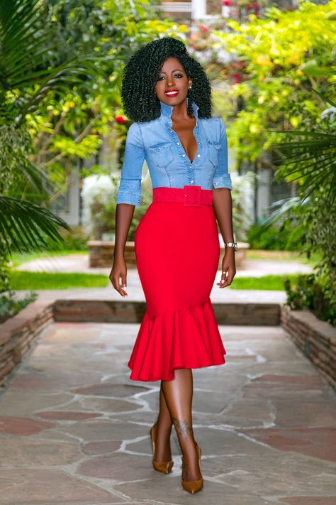 Fitted Denim Shirt + Ruffle Midi Skirt Modeling Outfits, Ruffle Midi Skirt, Fitted Denim Shirt, Fashion Work Outfit, Style Pantry, Girls Attire, Black Women Fashion, Hot Outfits, Elegant Outfit