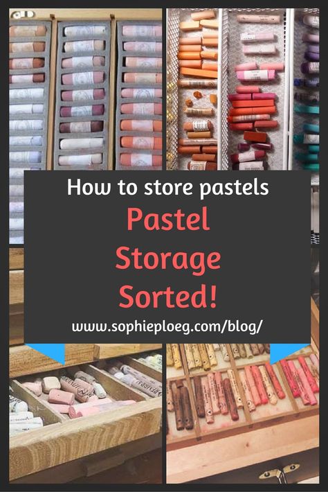 There are various ways to store your pastels: drawers, boxes, travel boxes, carriers. Pastel Storage Ideas, Soft Pastel Storage Ideas, Sketch Accessories, Pastel Storage, Pastel Techniques, Pastel Artists, Artist Storage, Art Studio Storage, Pastels Art