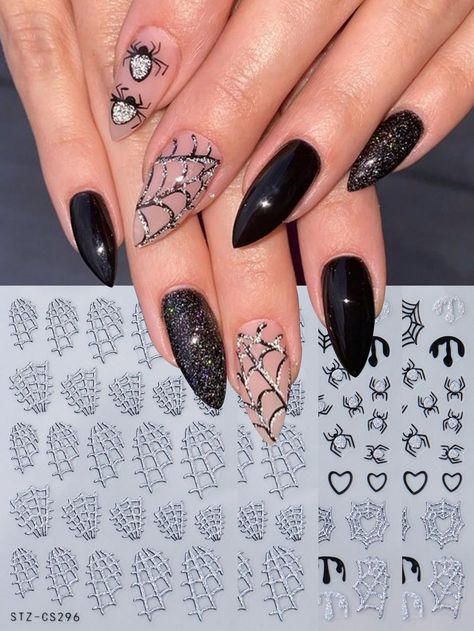 Halloween Nails With Spiders, Halloween Nails Maroon, Cute Spider Nails, Simple Spiderweb Nails, Halloween Nails With Glitter, 3d Nail Art Halloween, Stilleto Nail Idea Short, Halloween Sparkle Nails, Sparkle Halloween Nails