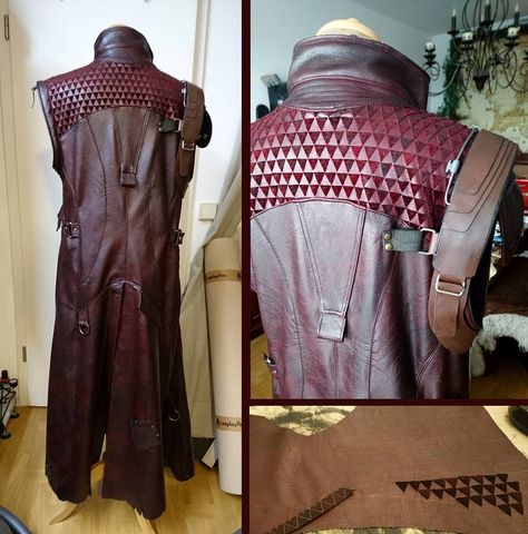 Some more impressions of Yondus coat: Today the back. Very tricky was this triangular fabric. To get this, Tina cut out tons of little velvet triangles and glued them on. #gotg #gotgvol2 #gotg2 #guardiansofthegalaxy2 #guardiansofthegalaxyvol2 #guardiansofthegalaxy #cosplay #costume #guardiansofthegalaxycosplay #yonduudonta #yondu #yonducosplay #yonduudontacosplay #sewing #marvel #leathercoat #ravagercosplay #ravagers #wip Film Clothes, Yondu Udonta, Comic Con Costumes, Steampunk Costume, Jacket Design, Halloween Cosplay, Jacket Pattern, Guardians Of The Galaxy, Fantasy Fashion