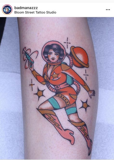 Space Babe, Ufo Tattoo, Cowgirl Tattoos, Cowboy Tattoos, Pin Up Girl Tattoo, Astronaut Tattoo, Traditional Tattoo Inspiration, Sailor Jerry Tattoos, Planet Tattoos