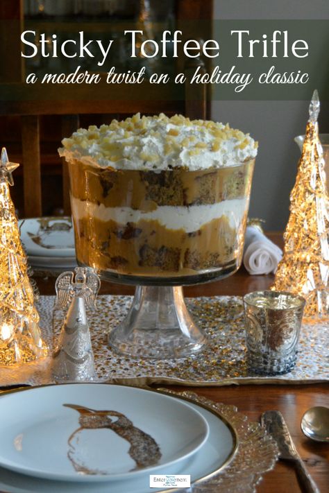 Sticky Toffee Trifle - Entertablement Toffee Trifle Desserts, Best Trifle Recipes Desserts, Sticky Toffee Pudding Trifle Recipe, Custard For Trifle Recipe, Triffle Recipes Holiday, Trifle For Thanksgiving, Sticky Toffee Pudding Trifle, Sticky Toffee Pudding Layer Cake, Sticky Toffee Trifle