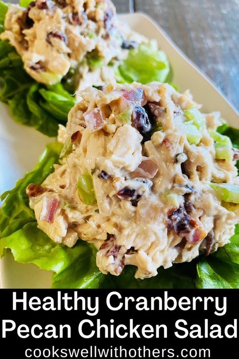 scoop of chicken salad over lettuce Cranberry Pecan Chicken Salad, Cranberry Almond Chicken Salad, Greek Yogurt Chicken Salad, Yogurt Chicken Salad, Cranberry Chicken Salad, Healthy Chicken Salad Recipe, Pecan Chicken Salads, Pecan Chicken, Cranberry Salad