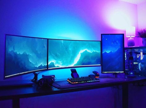 Super colorful triple monitor dream night station!  Tag a gamer friend  .  Credit: ryguy97 . #pcgaming #dreamsetup #workstation #pcmasterrace #gaming #game #gamer #videogames #inspiration #gamingsetup #pc #desksetup #rgblights #computer #technology #clean #dreamroom #gamingroom #pcmods #watercooled #pcgamingsetup #bestgamingsetupz #rgb #pcgamers #bestgamingsetups #ultrawidemonitor #battlestations Triple Monitor Setup, Monitor Setup, Gaming Room Decor, Streaming Setup, Dream Night, Custom Computer, Pc Gaming Setup, Desktop Setup, Computer Workstation