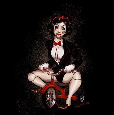 SNOW WHITE/JIGSAW Evil Disney Princesses, Dark Disney Art, Twisted Disney Princesses, Human Centipede, Disney Punk, Punk Disney Princesses, Disney Horror, Disney Princess Tattoo, Evil Disney