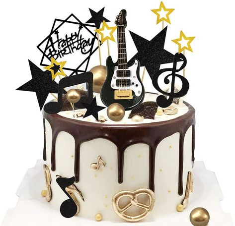 Set of 24 cake topper picks includes 1 electric guitar model; 4 gold pearl ball cake toppers; 6 music note cake toppers; 5 gold star cake toppers; 7 black star cake topper; 1 black happy birthday cake topper. Rock Theme Party, Music Note Birthday Cake, Music Birthday Cake, Rock Star Cakes, Festa Rock Roll, Guitar Birthday Cakes, Bolo Musical, Music Themed Cakes, Music Cakes