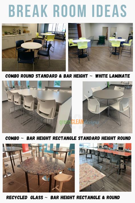 Every office needs a break room.  Here are some of employee break room design ideas showing a mixture of standard and bar height tables and chairs.  Whether it is laminate or recycled glass, your break room should be easy to clean and nice place for team members to relax. Break Room Table And Chairs, Employee Lunch Room Ideas, Employee Breakroom Ideas, Hotel Employee Break Room, Staff Lunch Room Ideas, Teacher Lounge Decorating Ideas, Breakroom Ideas Work Retail, Office Break Room Decor, Employee Break Room Decorating Ideas