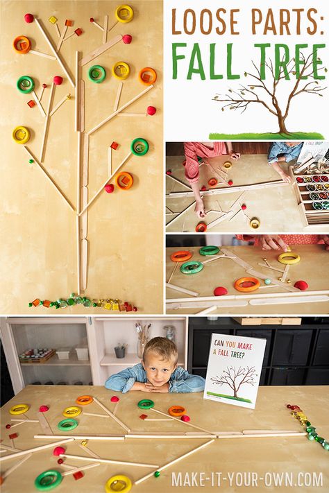 Fine Motor Fun:  Create a Fall Tree with Loose Parts! #fall #Autumn #looseparts #earlylearning Thanksgiving Loose Parts, Fall Loose Parts Preschool, Fall Tree Kindergarten, Reggio September Ideas, Reggio Tree Provocations, Reggio Inspired Fall Provocations, Provacations Preschool Fall, Fall Art Center Preschool, Fall Loose Parts Ideas