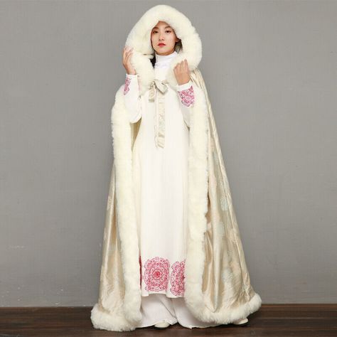 White Kimono Wedding Dress, Fur Dress, Denim Coat Women, Snow Dress, Poncho Coat, Snow Outfit, Hooded Faux, Long Coats, Chinese Hanfu