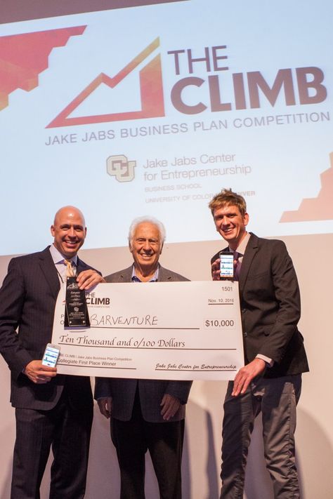 Barventure won the top award in The Climb business competition, sponsored by The Jake Jabs Center for Entrepreneurship at the University of Colorado Denver Business School. Jabs, founder of American Furniture Warehouse, presented the giant checks. Colorado Quotes, University Of Colorado Denver, Business Competition, Giant Check, Colorado Denver, Colorado Summer, University Of Colorado, Business Entrepreneurship, Furniture Warehouse