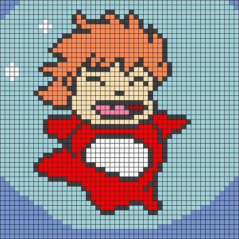 Ponyo Grid Pattern, Widgetable Ideas, Alpha Pattern Ponyo, Crochet Grid Patterns Studio Ghibli, Perler Bead Patterns Studio Ghibli, Ponyo Cross Stitch, Studio Ghibli Grid Pattern, Alpha Pattern Ghibli, Studio Ghibli Pixel Art Grid