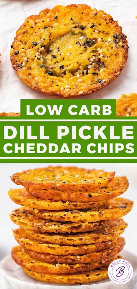 Made with just 3 ingredients, these Dill Pickle Cheddar Cheese Chips are an easy, low carb snack idea. They're a nice alternative to potato chips when that salty craving hits - ready in 15 minutes. Low Carb Veggie Chips, Ready Made Snack Ideas, Low Calorie Chip Alternative, Low Carb Pickle Recipes, Healthy Alternative To Chips, Pickel Cheese Chips, Pickle Flavored Snacks, Keto Chip Alternative, Dill Pickle Bites