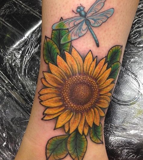 Dragonfly On Sunflower Tattoo, Sunflower With Dragonfly Tattoo, Sunflower Dragonfly Tattoo, Sunflower And Dragonfly Tattoo, Dragonfly Tattoo Design With Flowers, Sunflower And Dragonfly, Heaven Tattoo, Sunshine Tattoo, Heaven Tattoos