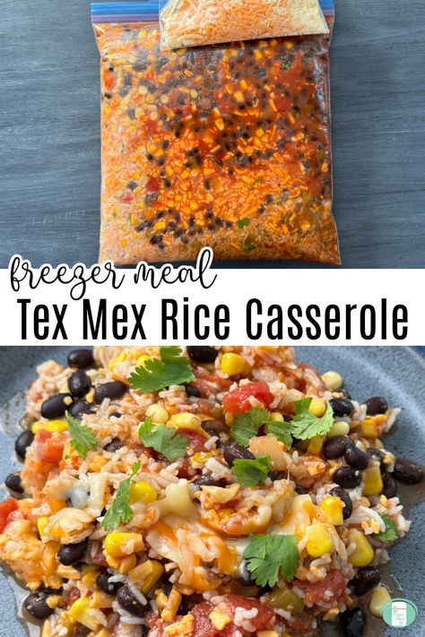 Tex Mex Rice Casserole - Freezer Meals 101 Mexican Freezer Meals, Tex Mex Rice, Freezer Casseroles, Tex Mex Casserole, Freezable Meals, Vegetarian Mexican, Budget Friendly Meals, Rice Casserole Recipes, Pantry Ingredients