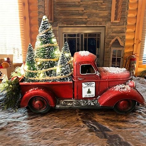 Xmas Table Decorations, Red Truck Decor, Led Christmas Tree Lights, Christmas Decorations Cheap, Christmas Red Truck, Vintage Red Truck, Christmas Farm, Fresh Christmas Trees, Cheap Christmas