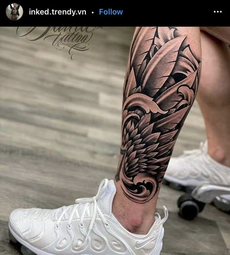 Tattoo Trends 2023, Hermes Tattoo, Tato Geisha, Side Leg Tattoo, Calf Sleeve Tattoo, Calf Tattoo Men, Herren Hand Tattoos, Wing Tattoo Men, Best Leg Tattoos