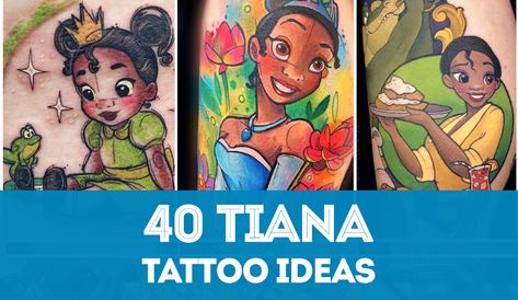 Huge list of ideas if you’re considering a Princess Tiana tattoo. Tiana tattoos feature one of Disney's most popular princesses. Tiana Tattoo Ideas, Disney Tattoos Princess, Princess Tiana Tattoo Ideas, Princess Tiana Tattoo, Disney Key Tattoo, Tiana Tattoo, Princess And The Frog Tattoo, Snow White Tattoos, Dark Disney Tattoo