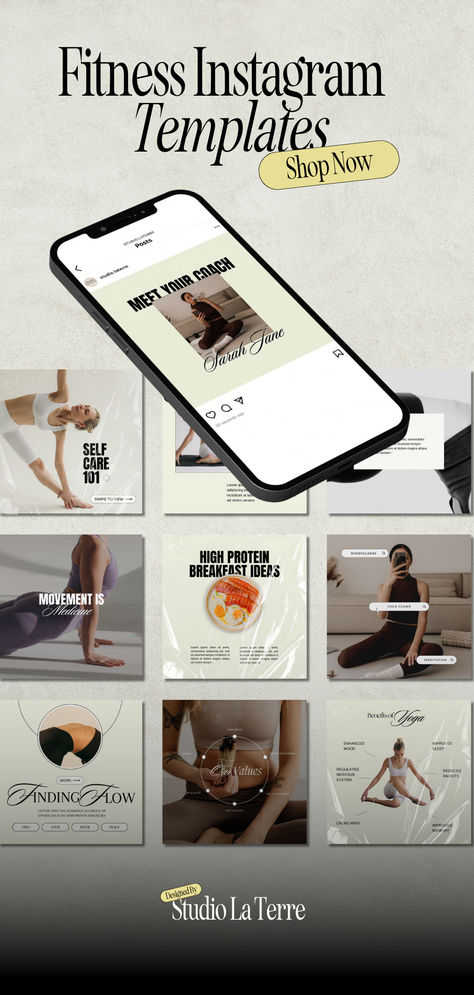 These Yoga studio Instagram templates are designed for fitness studios or yoga teachers looking to share class schedules, events, and workshops. These yoga teacher Instagram templates help maintain a consistent social media presence, making it easier to attract and retain students. Customizable to reflect your brand’s aesthetic, these templates allow you to highlight special events and announce new classes, turning your Instagram feed into a tool for community building and student enrollment. Fitness Instagram Template, Yoga Teacher Instagram, Fitness Instagram Feed, Teacher Instagram, Insta Templates, Fitness Branding, Instagram Grid Design, Fitness Studios, Coach Instagram