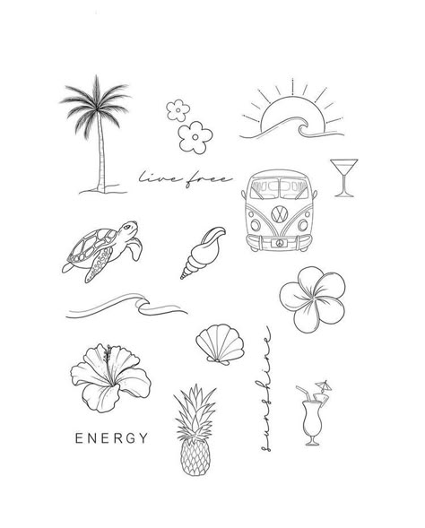 Aruba Tattoo Ideas, Tat Stencils, Palm Tree Outline, Ocean Sleeve, Beachy Tattoos, Tattoos 2024, Tiny Tats, Shell Tattoos, Patchwork Tattoo