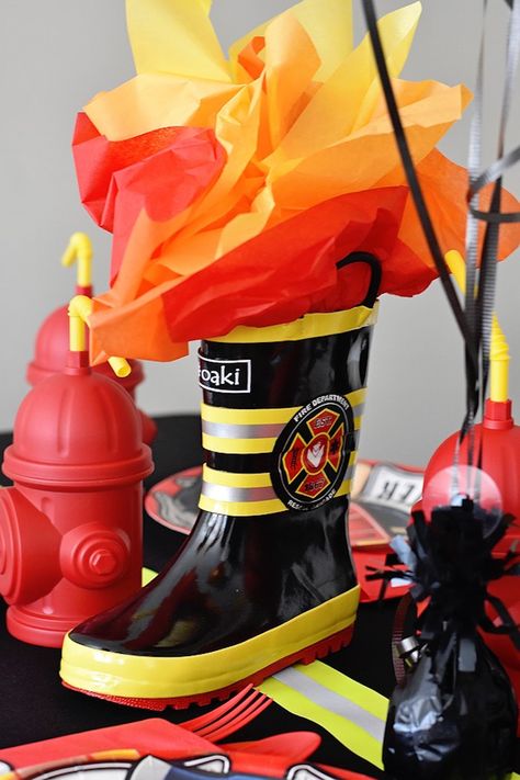 Fiery Firefighter Boot Table Centerpiece from a Firetruck Birthday Party on Kara's Party Ideas | KarasPartyIdeas.com (27) Firefighter Birthday Cake, Firefighter Birthday Cakes, Burning Building, Fireman Party, Firetruck Birthday Party, Fireman Birthday, Firefighter Party, Fire Truck Party, Firefighter Birthday