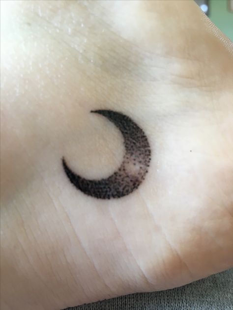 Pointillism heel moon tattoo Stipple Moon Tattoo, Moon Tattoo Stick And Poke, Moon Stick And Poke Tattoo, Moon Stick N Poke, Moon Stick And Poke, Stippling Tattoo, Eclipse Tattoo, Pointillism Tattoo, Stick Tattoo