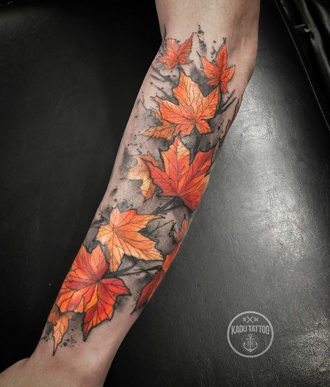 Autumn Leaves Tattoo Black, Fall Tattoo Sleeve, Autumn Leaves Tattoo, Fall Tattoo Ideas Autumn, Tattoo Leaves, Maple Leaf Tattoos, Maple Tree Tattoos, Tattoo Bible, Fall Leaves Tattoo