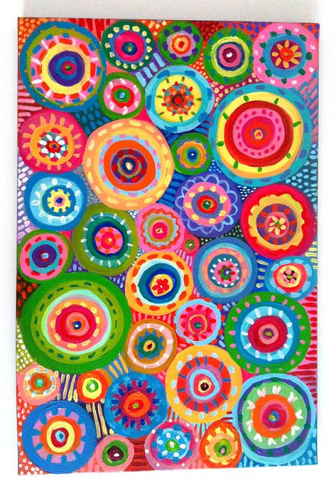 Easy sub plan - BUT have them trace large circles with pencil and then draw medium and small circles to fill in the spaces. Color with oil pastels. Painting Circles, Acrylic Abstract, Decor Wall, Circles, Abstract Painting, Dots, Flowers, Wall, Art