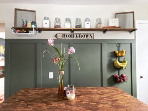 Behr Conifer Green Cabinets, Green Kitchen Accent Wall, Conifer Green Behr, Green Accent Wall Kitchen, Behr Conifer Green, Kitchen Accent Wall, Accent Wall In Kitchen, Green Accent Walls, Pony Wall