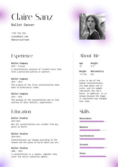 Elegant Aesthetic Ballet Dancer Resume Dancer Resume Template, Dancer Portfolio, Resume Aesthetic, Aesthetic Resume, Dance Resume, Dance Portfolio, Resume Inspiration, Aesthetic Ballet, Rate Card