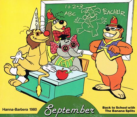 Hanna-Barbera Calendar, 1980 - Banana Splits Back to Schoo… | Flickr The Banana Splits Show, The Banana Splits, Saturday Cartoon, 70s Cartoons, Banana Splits, 80 Cartoons, Hanna Barbera Cartoons, Classic Cartoon Characters, Famous Cartoons