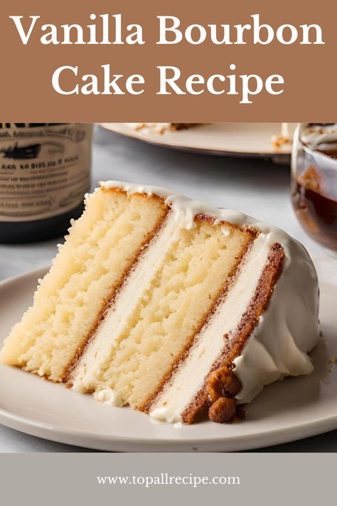 This Vanilla Bourbon Cake features a rich, moist vanilla base infused with a hint of bourbon for a sophisticated twist. Made with simple ingredients like butter, sugar, and eggs, it's baked to perfection and often topped with a creamy vanilla frosting. A delightful dessert for any occasion! Bourbon Vanilla Cake, Beer Cake Recipe, Simple Syrup For Cakes, Bourbon Cake Recipe, Whiskey Cake Recipe, Bourbon Cake, Vanilla Desserts, Bourbon Recipes, Whiskey Cake