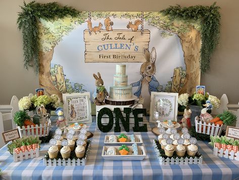 Easter Themed Birthday Party For Boy, Some Bunny Is One Boy, Peter Rabbit Backdrop, Peter Rabbit Birthday Party Decorations, Peter Rabbit First Birthday Boys, Beatrix Potter Party, Easter Themed Birthday Party, Peter Rabbit Theme Party, Peter Rabbit Birthday Party