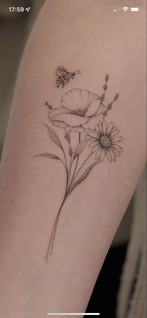 Wildflower Tattoo With Bee, Cute Bee And Flower Tattoo, Fine Floral Tattoo Design, Butterfly Bee Flower Tattoo, Poppy Bee Tattoo, Aster And Carnation Flower Tattoo, Poppy Tattoo Butterfly, Bee Tattoo On Elbow, Daisy And Poppy Flower Tattoo