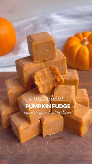 Amanda (Meixner) Rocchio on Instagram: "This 4 Ingredient Pumpkin Fudge is the perfect treat for when you’ve got a sweet tooth! What you need: -1⁄2 cup pumpkin purée -1⁄2 cup almond butter -1⁄2 cup coconut oil -1⁄4 cup maple syrup What to do: 1- Add all ingredients to a pan and heat over medium for about 2-4 minutes or until we’ll combined. Make sure to stir it often to avoid burning. 2- Once the mixture is combined, pour into silicone molds or a glass container lined with parchment paper. 3 Resep Vegan, Pumpkin Fudge, Healthy Vegan Desserts, Paleo Vegan, 4 Ingredient, Healthy Sweets Recipes, Vegan Dessert Recipes, Vegan Sweets, Healthy Sweets