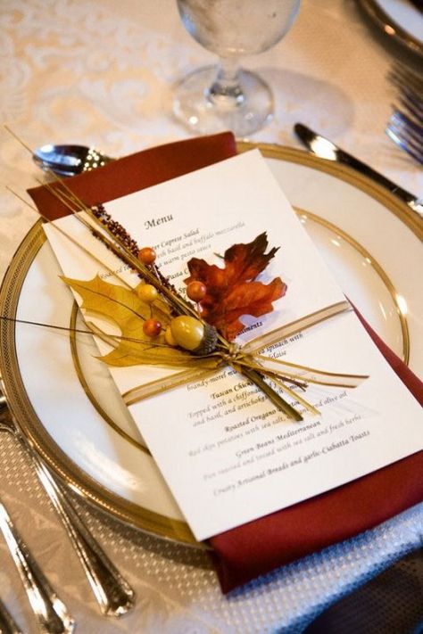 Simple Elegant Fall Table Setting ♥ #DIY #fall #decor #menu ♥ Fall Table Settings, Fall Wedding Invitations, Fall Wedding Decorations, Wedding Inspiration Fall, Harvest Season, October Wedding, Fall Table, Menu Cards, Place Setting