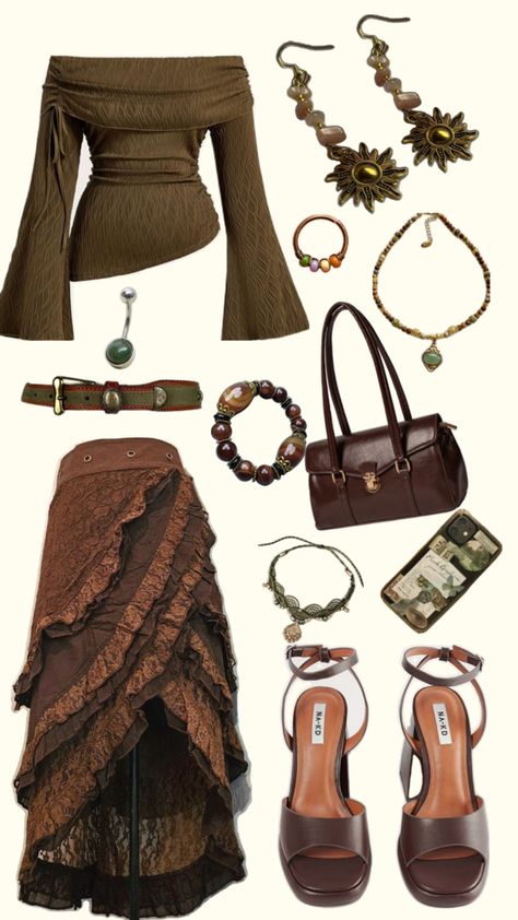 Earthy Spiritual outfit green brown hippie boho skirt crop top heels jewelry earrings Teachers Outfits, College Outfits Fall, Copenhagen Fashion Week Street Style, Mode Hippie, Earthy Outfits, Estilo Hippie, Hippie Style Clothing, Swaggy Outfits, Midi Skirts