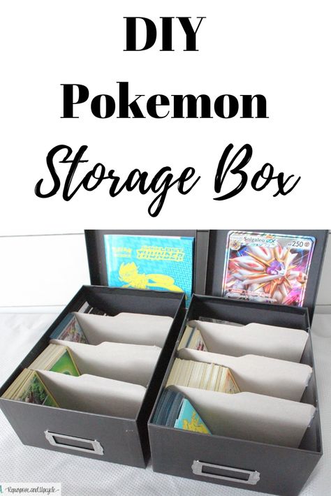 DIY Pokemon Storage box and HOW TO STORE POKEMON CARDS. #pokemon, #pokemonstorage, #DIYpokemonstoragebox Tcg Storage Diy, Trading Card Organization, Baseball Card Organization Ideas, Pokémon Card Storage, Baseball Card Storage Ideas, Pokemon Card Storage, Pokemon Storage, Baseball Card Storage, Sports Card Storage