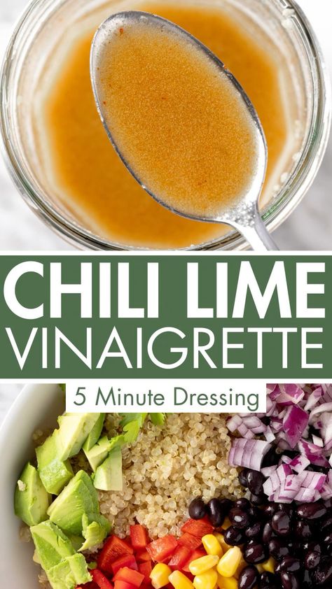 This Chili Lime Vinaigrette is the best salad dressing recipe for any Mexican inspired quinoa salads (like a Southwest Quinoa Salad!). It is made with lime juice, olive oil, garlic, honey, cumin & chili powder. It has a bit of a spicy kick, but is well balanced out with honey. This Lime Chili Vinaigrette is easy to make and use over a sweet potato quinoa salad or a thai rice noodle salad. This Chili Honey Lime Vinaigrette is similar to McAlister’s, Chili’s or Applebee’s Chili Lime Vinaigrette. Mexican Salad Vinaigrette, Cumin Lime Vinaigrette, Thai Sweet Chili Salad Dressing, Chili Lime Salad Dressing, Chilli Lime Dressing, Chili Lime Vinaigrette Recipe Mcalister’s, Lime Salad Dressing Recipes, Lime Dressing Vinaigrette, Macaroni Salad Dressing