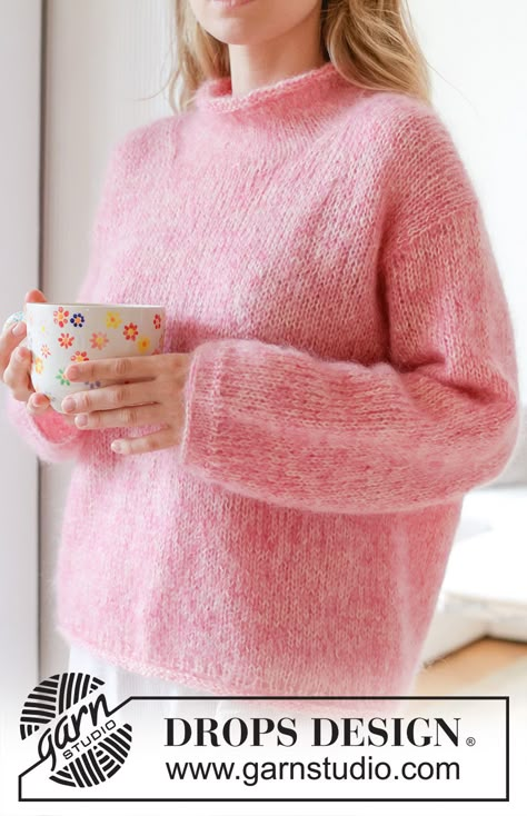 Pink Melody / DROPS 255-6 - Free knitting pattern Free Sweater Knitting Pattern, Drop Design Knitting Patterns, Knitting Sweaters Pattern, Top Down Sweater Patterns Free Knitting, Sweater Knitting Patterns Free, Knit Sweater Patterns, Magazine Drops, Pull Mohair, Knitting Patterns Free Sweater