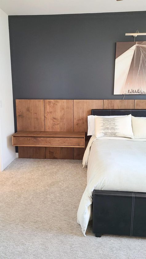 Modern Diy Headboard, Diy Modern Headboard, Headboard With Floating Nightstands, Wood Wall Headboard, Bed Mood Board, Rearrange Bedroom, Floating Nightstand Diy, Diy King Headboard, Men's Bedroom Design