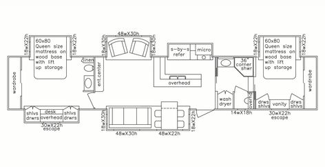 49' 5th Wheel - 2 Bedroom | 2 Bath 2 Bedroom Fifth Wheel, 2 Bedroom Rv, Bed Placement, 5th Wheel Camper, Shower Sizes, Corner Shower, 5th Wheels, Living Table, Fifth Wheel